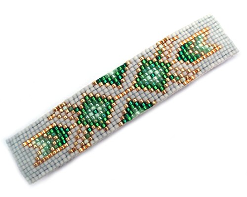 Green, Gold and Grey Tribal Arrows Geometric Large Loom Beaded Barrette Handmade