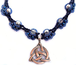 Triquetra Celtic Knot Beaded Micro-Macrame Necklace Handmade Blue Silver