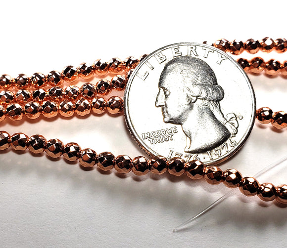 3mm Faceted Round Plated Hematite Rose Gold Gemstone Beads 8-Inch Strand