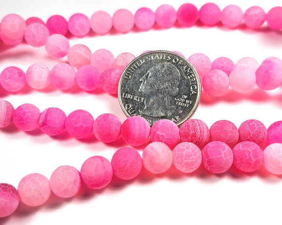 8mm Crackle Agate Matte Pink Round Gemstone Beads 8-Inch Strand