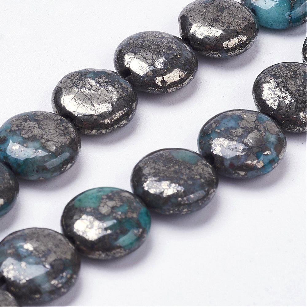 12mm Flat Round Cyan Dyed Pyrite Beads 4ct