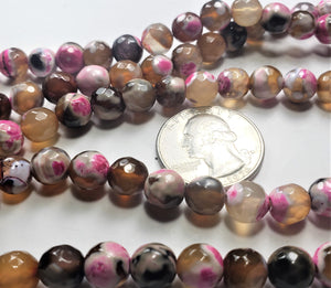 8mm Fire Agate Pink Black Faceted Round Gemstone Beads 8-inch Strand