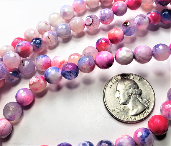 8mm Fire Agate Pink Blue Gray Faceted Round Gemstone Beads 8-inch Strand