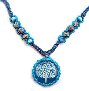 Celtic Tree of Life Beaded Micro Macrame Necklace Handmade with Denim Lapis Royal Blue Aqua Silver