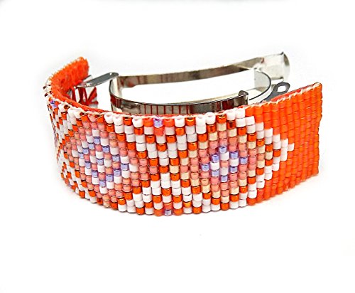 Orange and White Tribal Geometric Arrow Ponytail Clip Cuff Handmade Loom Beaded