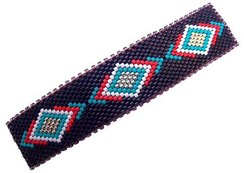 Aqua and Silver Southwestern Tribal Geometric Diamonds Handmade Large Beaded Barrette with Authentic French Clip
