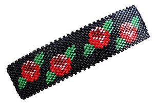 Crimson Red Roses on Black Handcrafted Large Beaded Barrette with Authentic French Clip