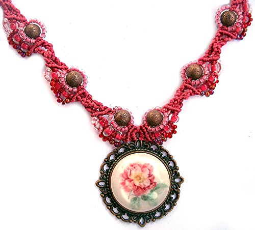 Wild Rose Flower Victorian Necklace Beaded Micro Macrame Handmade Pink Copper