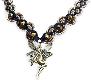 Beaded Fairy Handcrafted Micro-Macrame Necklace in Silver and Bronze