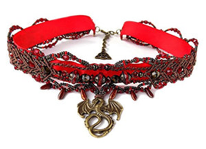 Fantasy Dragon Beaded Micro-Macrame Adjustable Choker in Red and Bronze
