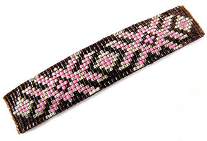 Abstract Floral Geometric Handmade Loom Beaded Large Barrette in Pink Silver and Brown with Authentic French Clip
