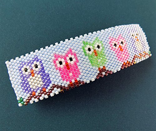 Cute Whimsical Owl Peyote Large Beaded Barrette in Purple Green and Pink on Blue