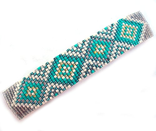 Abstract Geometric Diamonds Turquoise Aqua and Grey Handmade Beaded Large Barrette with Authentic French Clip