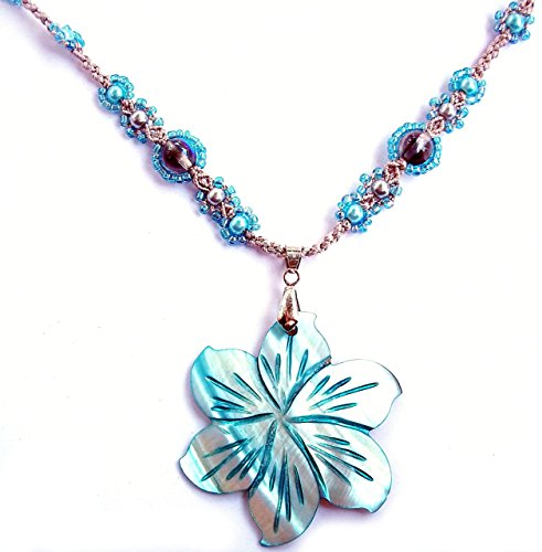 Carved Shell Blue Flower Beaded Micro Macrame Necklace Handmade Aqua Gray Mother of Pearl