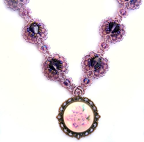 Purple Flower Victorian Necklace Beaded Micro Macrame Handmade Lilac Copper
