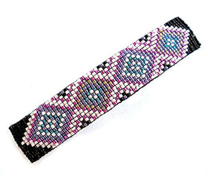 Abstract Geometric Diamonds Turquoise and Metallic Purple Large Handmade Beaded Barrette with Authentic French Clip