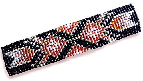Abstract Orange and Silver Tribal Geometric Arrows Handmade Loom Beaded Large Barrette with Authentic French Clip