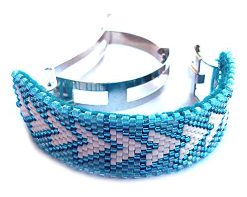 Geometric Triangles Handmade Beaded Large Ponytail Clip Cuff French Barrette Aqua and White