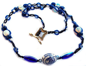 Chinese Character Beaded Micro-Macrame Necklace Blue and Opaline