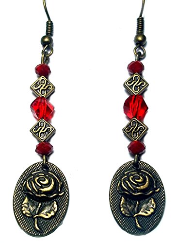Red and Bronze Rose with Celtic Knots Handmade Beaded Dangle Earrings