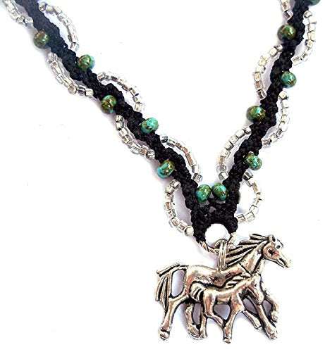 Mare and Foal Horse Beaded Micro Macrame Necklace Turquoise Silver Black Handmade
