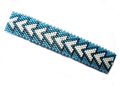 Aqua and White Geometric Arrows Turquoise Peyote Large Handmade Beaded Barrette with Authentic French Clip