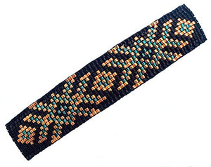 Geometric Tribal Beaded Large Barrette Black Gold and Blue Loom Beading with Authentic French Clip Hair Barrette