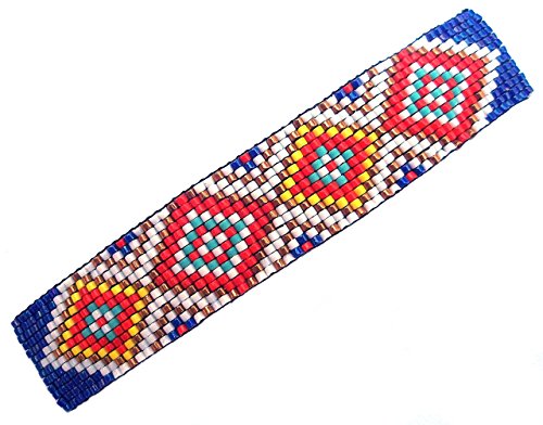 Abstract Geometric Diamonds Large Handmade Beaded Barrette in Blue, Turquoise and Red with French Clip
