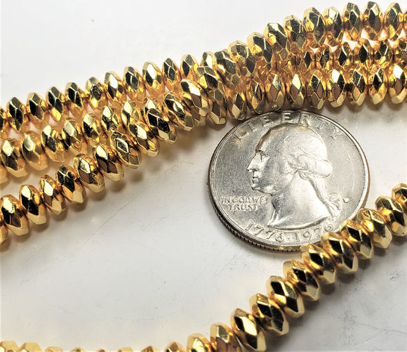 6x3mm Real Gold Hematite Plate Faceted Rondelle Gemstone Beads 8-inch Strand