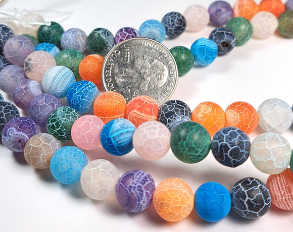 10mm Matte Fire Crackle Agate Mixed Dyed Gemstone Beads 8-Inch Strand