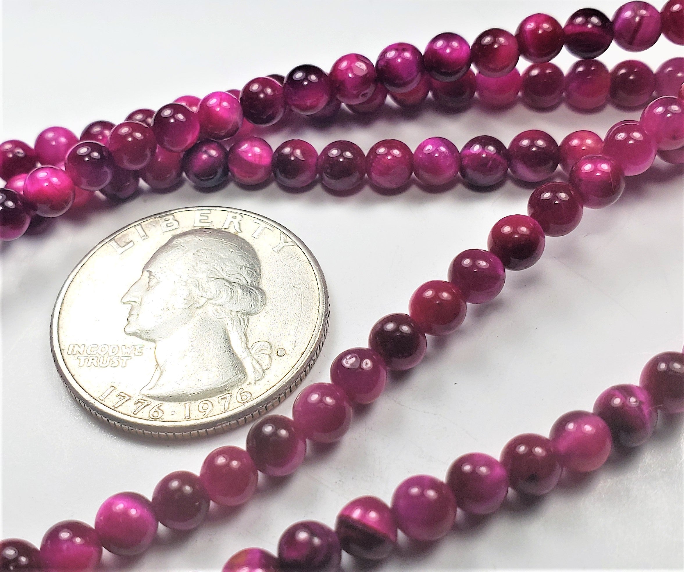 4mm Tiger's Eye Magenta Dyed Round Gemstone Beads 8-inch Strand