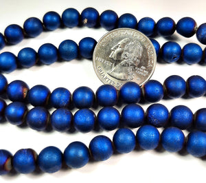 8mm Druzy Agate Metallic Blue Round Gemstone Beads 8-Inch Strand