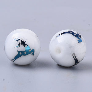 10mm Round Blue Electroplate Deer Glass Beads Christmas Reindeer, Lot of 15