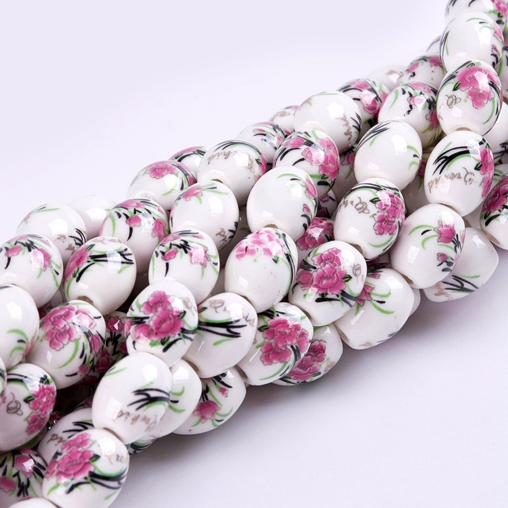 10x8mm Oval Handmade Pale Violet Red Printed Flower Porcelain Ceramic Beads, Lot of 6