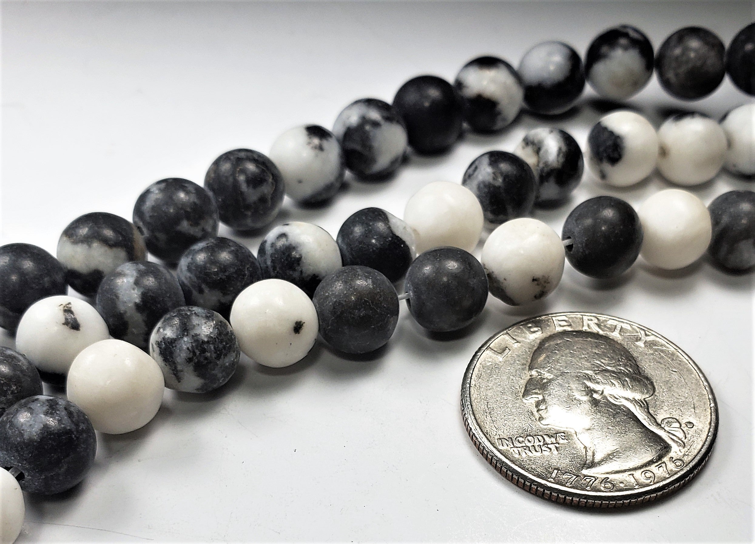 8mm Matte Black Zebra Jasper Round Gemstone Beads 8-inch Strand