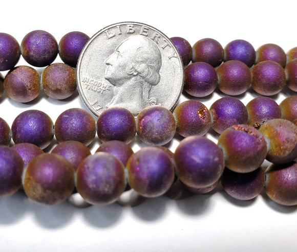 8mm Druzy Agate Matte Metallic Purple Round Gemstone Beads 8-Inch Strand