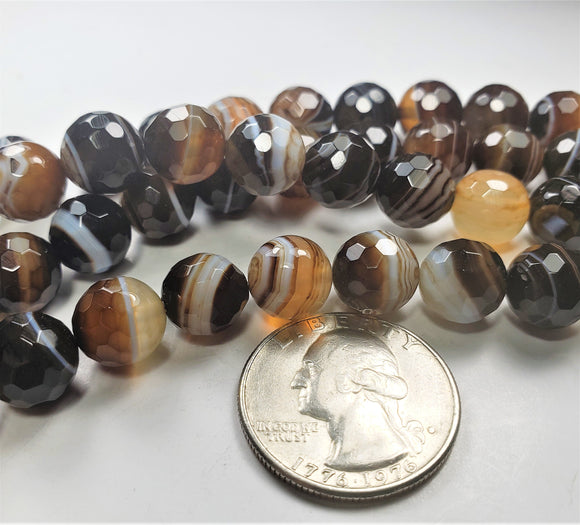 10mm Sardonyx Coffee Brown Faceted Round Gemstone Beads 8-inch Strand