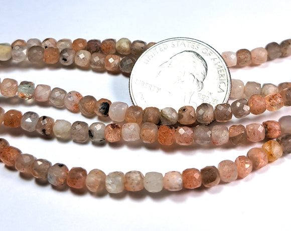 4mm Sunstone Faceted Cube Gemstone Beads 8-Inch Strand