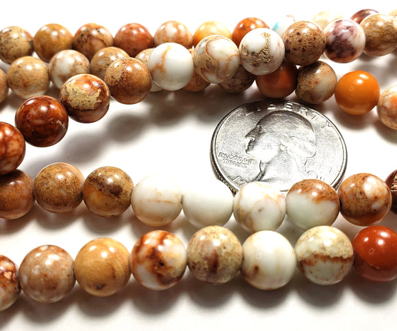 8mm Orange Aqua Terra Jasper Round Gemstone Beads 8-Inch Strand
