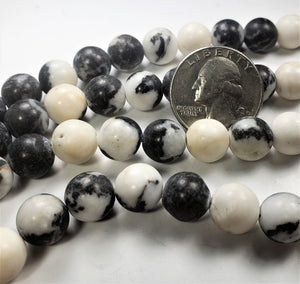 10mm Matte Black Zebra Jasper Round Gemstone Beads 8-inch Strand