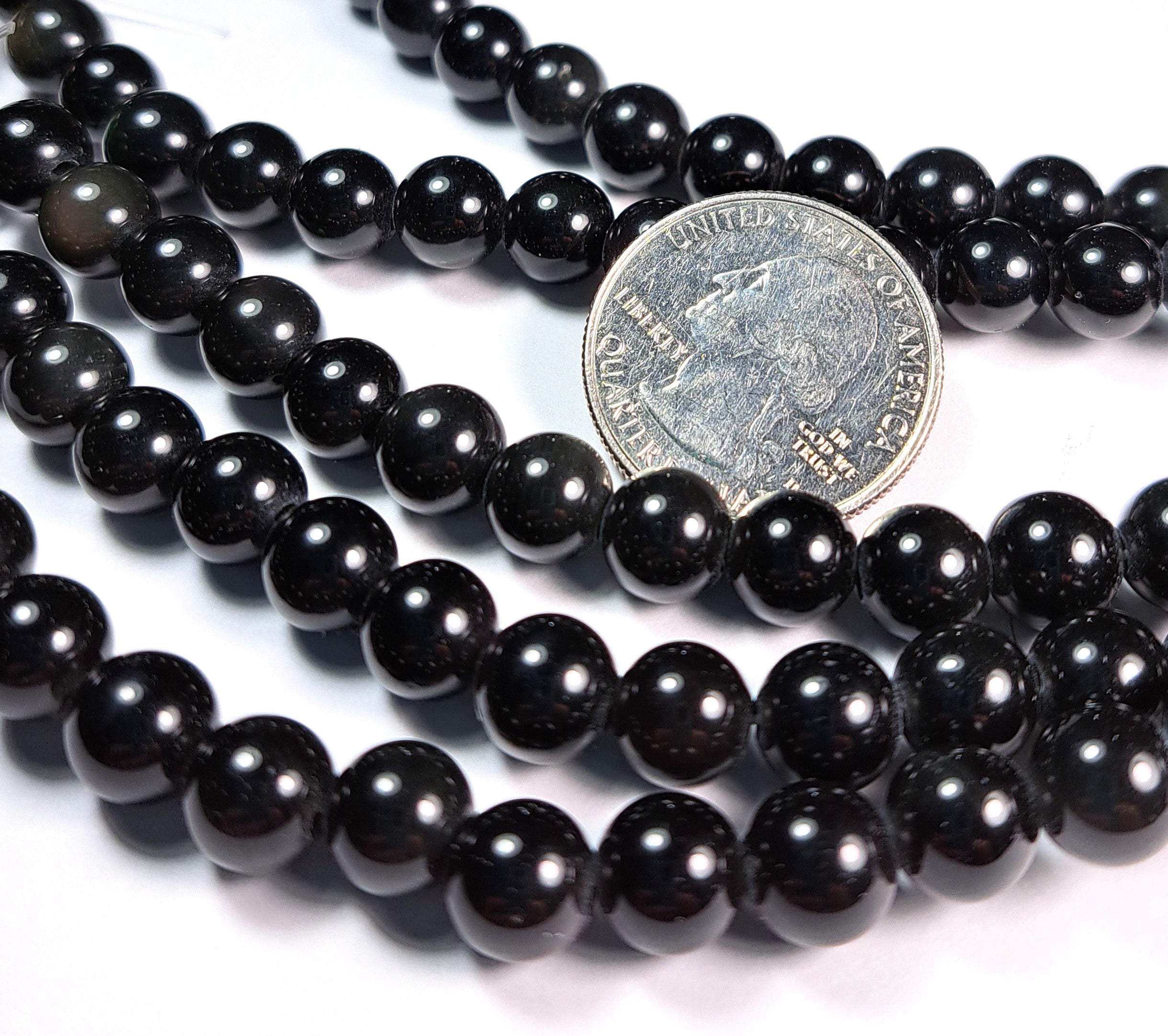 8mm Black Obsidian Large-Hole Round Gemstone Beads 8-Inch Strand