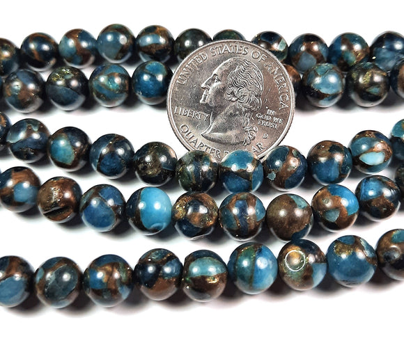 8mm Gold Aqua Blue Rainbow Stone Round Gemstone Beads 8-Inch Strand