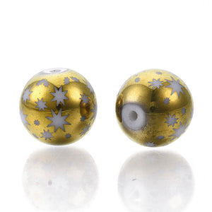 10mm Round Golden Star Pattern Electroplate Glass Beads Christmas
