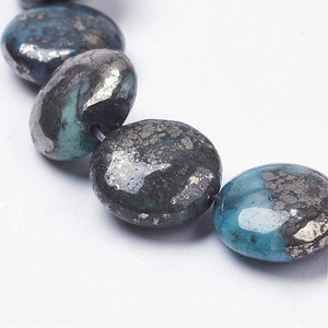 12mm Flat Round Cyan Dyed Pyrite Beads 4ct