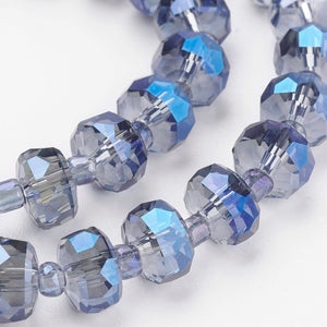 8mm Rainbow-Plated Flat Round Steel Blue Faceted Glass Beads 10ct