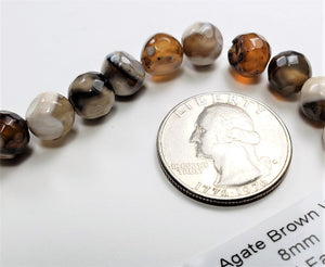 8mm Fire Agate Brown White Faceted Round Gemstone Beads 8-inch Strand