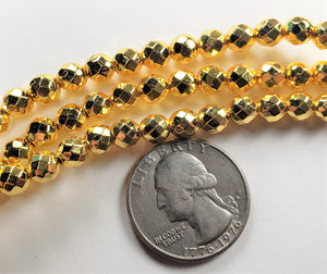 6mm Plated Hematite Real Gold Faceted Round Gemstone Beads 8-Inch Strand