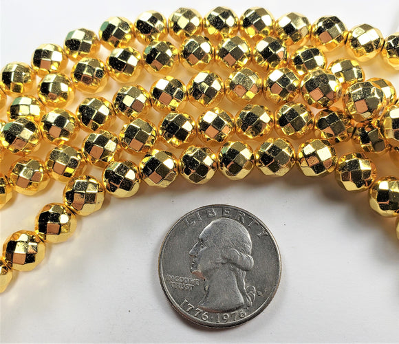 8mm Plated Hematite Real Gold Faceted Round Gemstone Beads 8-Inch Strand