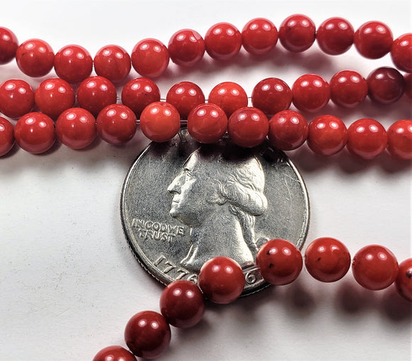 6mm Red Coral Round Gemstone Beads 8-Inch Strand