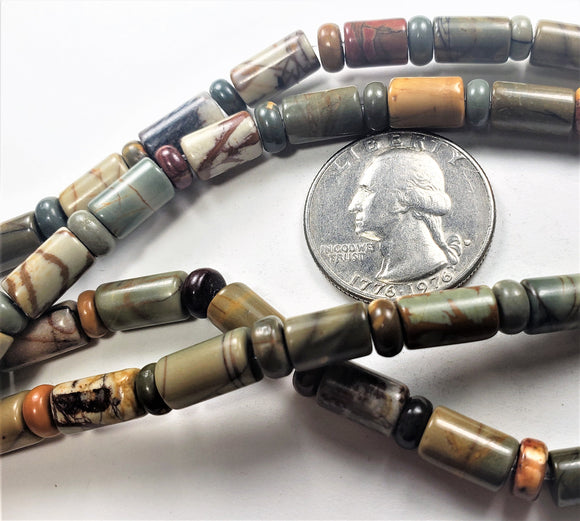 10x6mm Red Creek Jasper Tube with 6x3mm Smooth Rondelle Gemstone Beads 8-Inch Strand